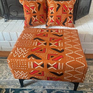 Multi-Colored African Burnt Orange Designed Mud Cloth Print Boho Footstool with Matching Chair Pillows
