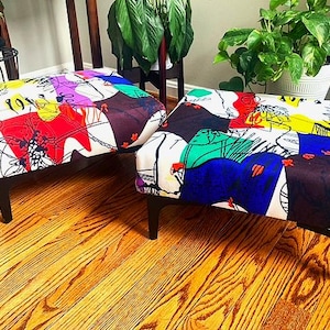 Pair of Multi-Colored Abstract Bogolan Style African Print Footstools, Handmade Ethnic Living Room Decor