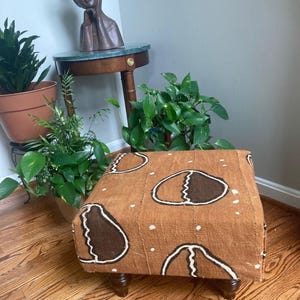 Vintage Cowrie Shell Mali Bogolan Brown Mud Cloth Footstool