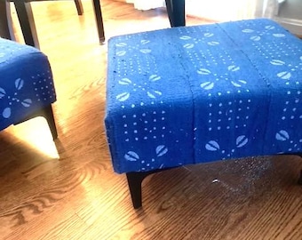 Pair of Handwoven African Footstools: Blue & White Boho Seating, Tribal Decor