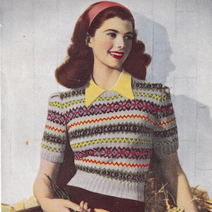Vintage Lady&#39;s Fair Isle Sweater Knitting Pattern PDF