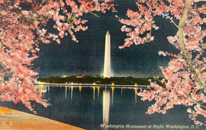 Washington DC Vintage Postcard Washington Monument at night