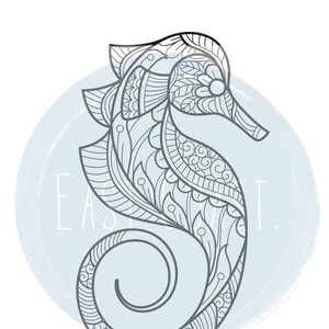 May include: A detailed illustration of a seahorse with intricate patterns, in shades of gray, against a light blue circular background. The word "EASY" is visible in white text. The seahorse design is a decorative element.