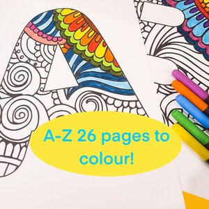 May include: A-Z 26 pages to colour! Coloring book pages featuring the letters A and B with intricate black and white designs. The letters are partially colored with bright colors like red, yellow, blue, green, and purple.