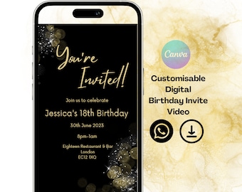 Customisable Birthday Party Invite | Editable invitation | Black and Gold Design | Canva Template