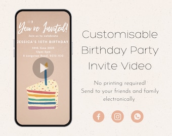 Customisable Children's Birthday Party Digital Video Invite |Pink Birthday Cake Design| Editable invitation