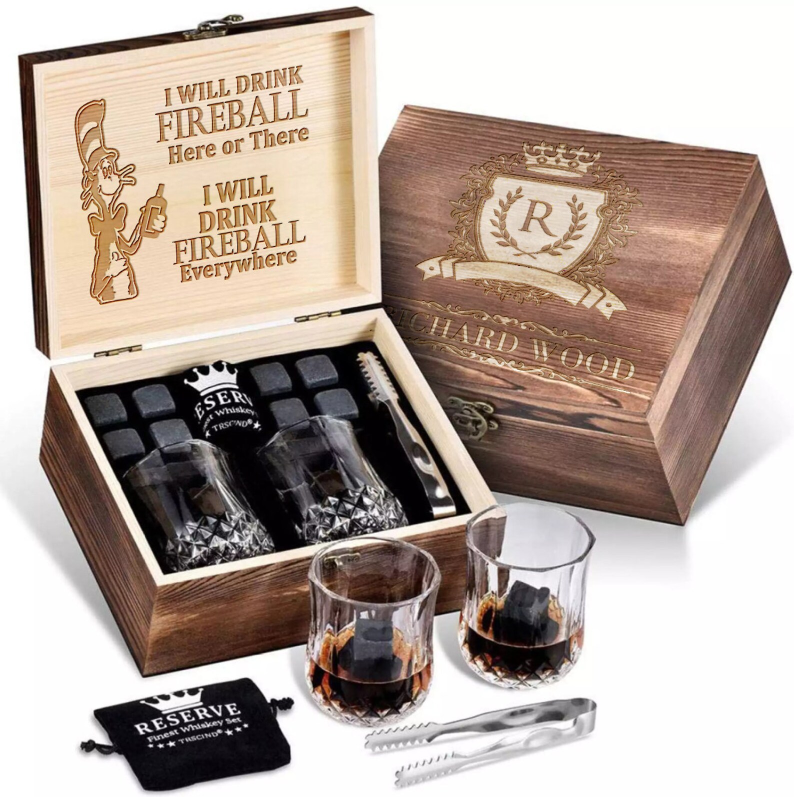 Fireball Whiskey Stones Gift Set With Engraved Wooden Gift Etsy