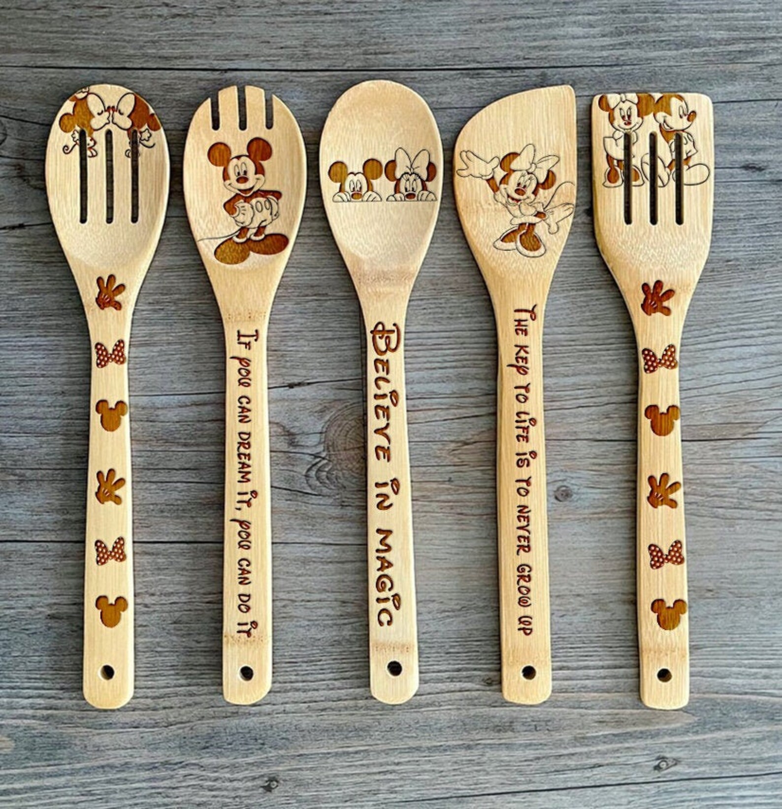 Mickey Mouse Bamboo Kitchen Cooking Utensils Set Mickey Mouse Etsy
