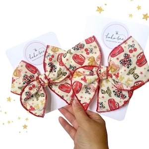 Girly Cherry Cars Bows/Headwrap/Baby Girl/Toddler/Coquette/Racing/Lightening McQueen/Red/Beige
