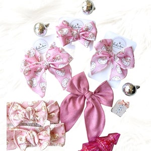 Pink Vintage Santa/Pink Christmas Bows/Holidays/Baby Girl/Toddler/Headwraps/Big Bows/Clip/Nylon Headband/Santa Clause