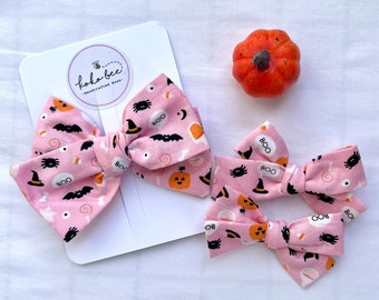 Pink Spooky Season Halloween Hand-Tied Bows/1st Halloween/Baby Girl/Toddler Pigtail Bows/Big Bows/Small Bows/Newborn/Pumpkin