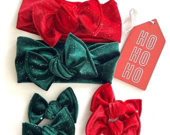 Emerald Green & Red Sparkle Velvet Headwraps and Knot Bow Pigtail Sets/Christmas/Sequins/Shimmer/Newborn/Toddler Bow Clips/Holidays