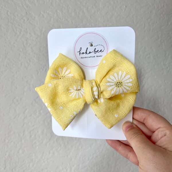 Yellow Flowers Hand-Tied Big Bow-Baby Girl/Toddler Bow Clip/Summer Bow/Daisies/Nylon Headband/