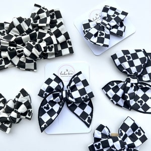 Black & White Checkered Mouse Headwraps, Big Bows and Brynn Bows (Serged Long Tail) Knot Bows/Toddler Clips