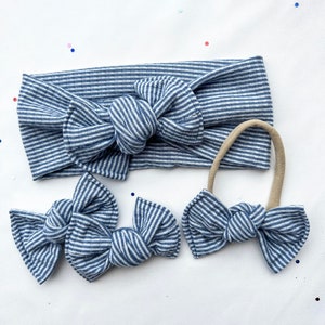 Blue Stripes Headwraps & Knot Bows/4th Of July/Memorial Day/baby girl/toddler pigtail bows/nylon headband/alligator clip/USA