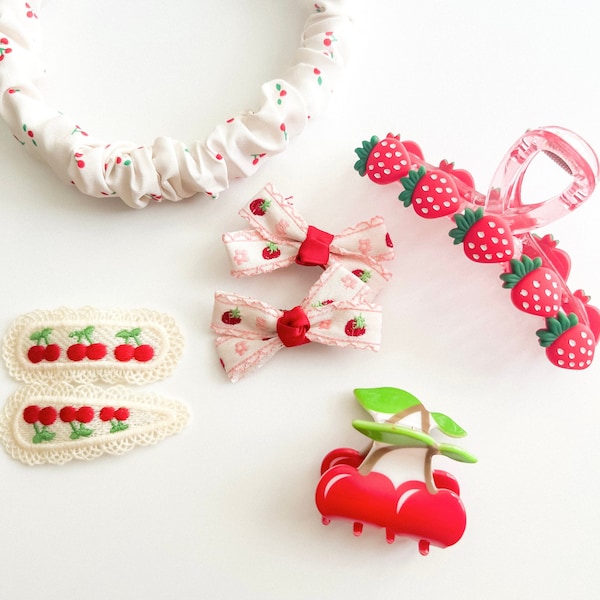 Cherry & Strawberry Clips and Headband/Cherries/Strawberries/Summer/Womens Hair/Pigtail Bows/Vintage/Cream/Mini