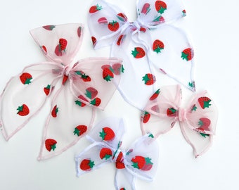 Strawberry Tulle XL & Mini Brynn Bows (long tail) Baby Girl/Toddler/Spring/White/Pink/Strawberries/Summer