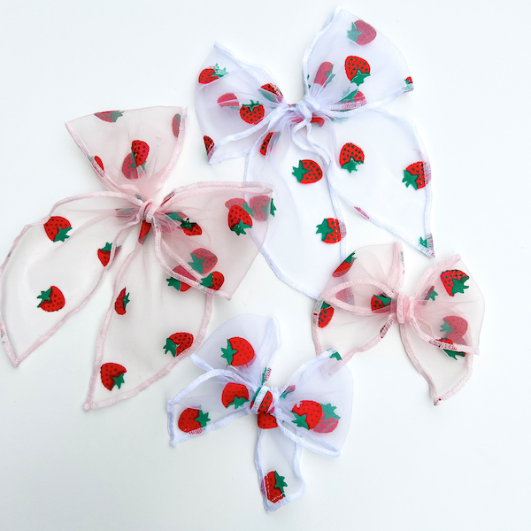 Strawberry Tulle XL & Mini Brynn Bows (long tail) Baby Girl/Toddler/Spring/White/Pink/Strawberries/Summer