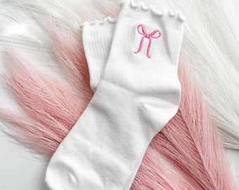 Women’s Embroidered Bow Ruffle Socks/White/Pink/Accessories/Women’s/Girlie/Coquette