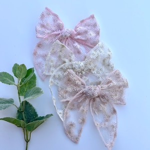 Flower Embroidered Daisy Brynn Style (long tail) Bows/Toddler/Alligator Clip/Dainty/Spring/Summer/Pink/White/Blush