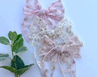 Flower Embroidered Daisy Brynn Style (long tail) Bows/Toddler/Alligator Clip/Dainty/Spring/Summer/Pink/White/Blush