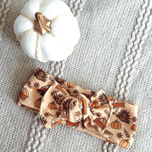 May include: A brown and tan headband with a pattern of mini pumpkin pies and turkeys. The headband is tied in a knot on top.