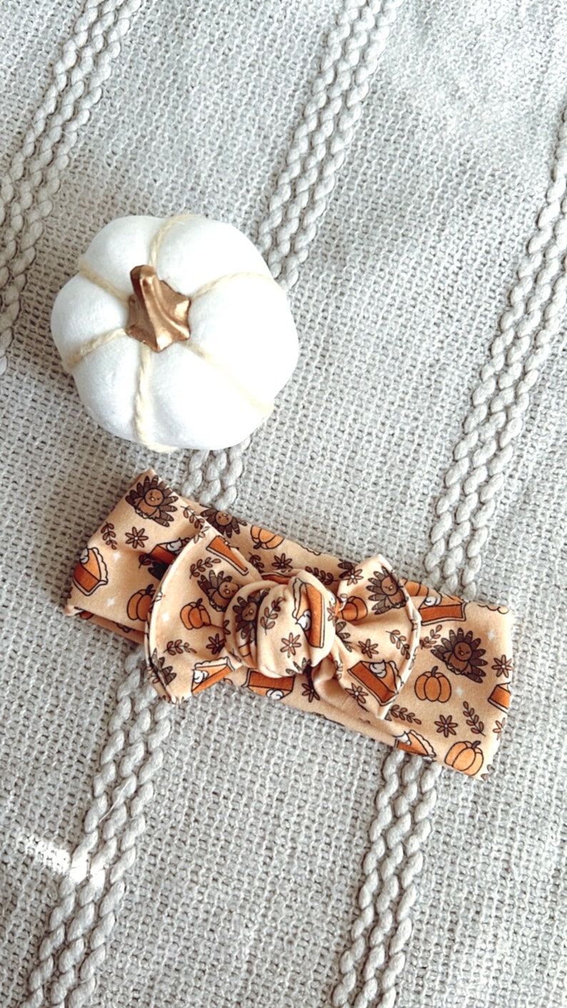 May include: A brown and tan headband with a pattern of mini pumpkin pies and turkeys. The headband is tied in a knot on top.