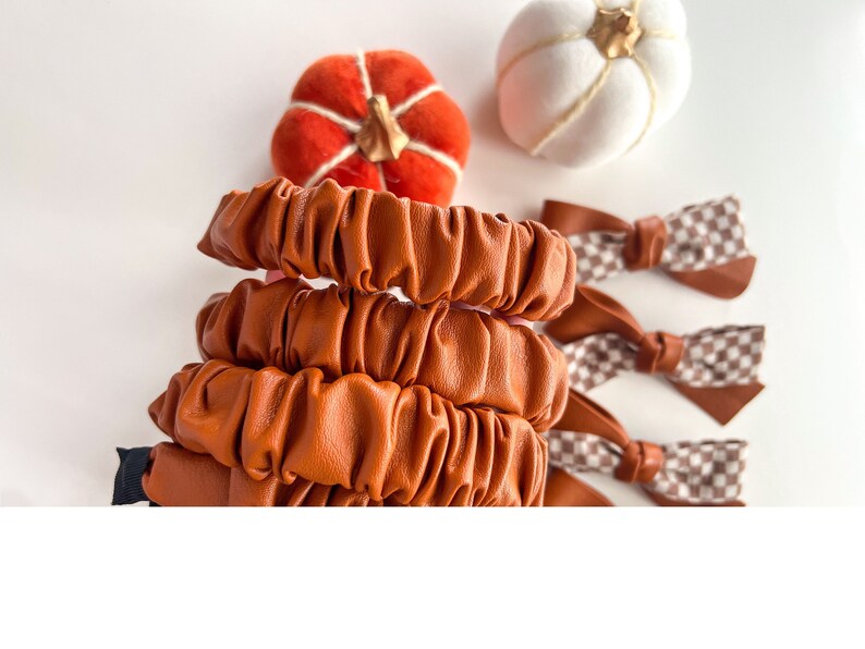 Faux Leather Toffee Headbands & Bows On Clips/Thanksgiving/Fall/Toddler Bow/Womens Scrunchie Headband/Brown/Checkered image 7