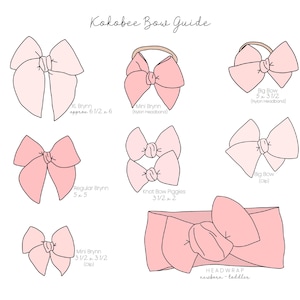 May include: A guide to different sizes of pink bows for babies and toddlers. The guide includes a large bow, a regular bow, a mini bow, a knot bow, and a headwrap. The bows are shown on a white background.