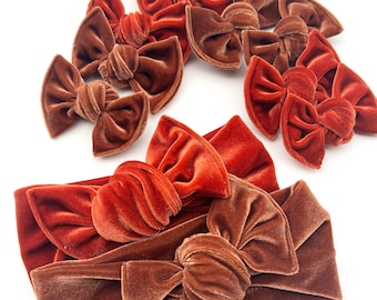 Burnt Orange & Rust Velvet Headwraps and Knot Bow Pigtail Bows/Fall/Halloween/Pumpkin/Baby Girl/Toddler Clips/Newborn