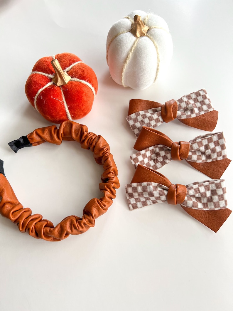 Faux Leather Toffee Headbands & Bows On Clips/Thanksgiving/Fall/Toddler Bow/Womens Scrunchie Headband/Brown/Checkered image 6