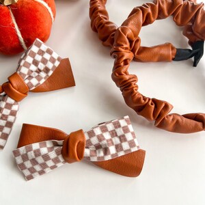 Faux Leather Toffee Headbands & Bows On Clips/Thanksgiving/Fall/Toddler Bow/Womens Scrunchie Headband/Brown/Checkered image 10