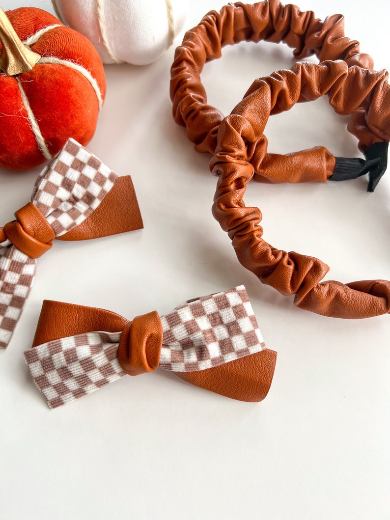 Faux Leather Toffee Headbands & Bows On Clips/Thanksgiving/Fall/Toddler Bow/Womens Scrunchie Headband/Brown/Checkered image 10