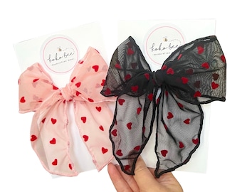 Pink & Black Tulle Red Hearts flowy  Valentines Day FLOWY mesh XL and Mini Brynn Style Bow (long tail)/Baby Girl/Toddler/Hearts