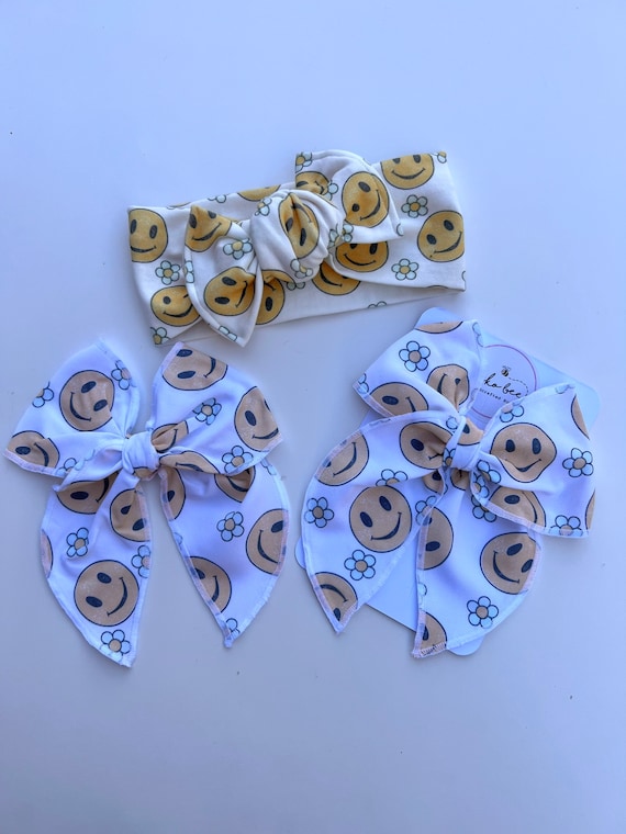 Smiley Face & Blue Flowers Headwraps and XL Brynn Style (long tail) Bows/Baby Girl/Toddler/Spring/Summer/Happy Face