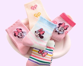 Girl's Colorful Minnie Crew Socks/Spring/Summer/Striped/Pink/Purple/Blue/Girly/Bows/Toddler/Bundle
