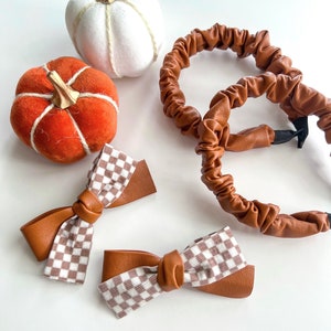 Faux Leather Toffee Headbands & Bows On Clips/Thanksgiving/Fall/Toddler Bow/Womens Scrunchie Headband/Brown/Checkered image 1