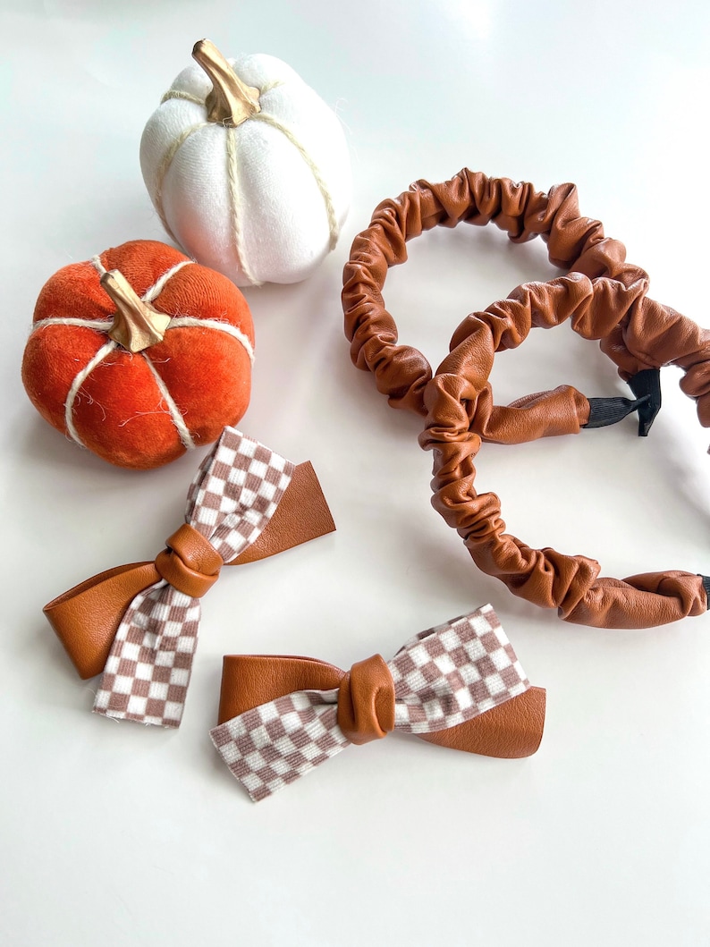 Faux Leather Toffee Headbands & Bows On Clips/Thanksgiving/Fall/Toddler Bow/Womens Scrunchie Headband/Brown/Checkered image 1