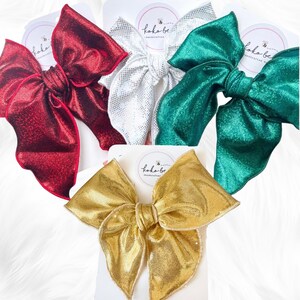 XL Metallic Shimmer Christmas Bow/Green/Red/White/Silver/Holidays/Toddler Bow Clip/Long Tail