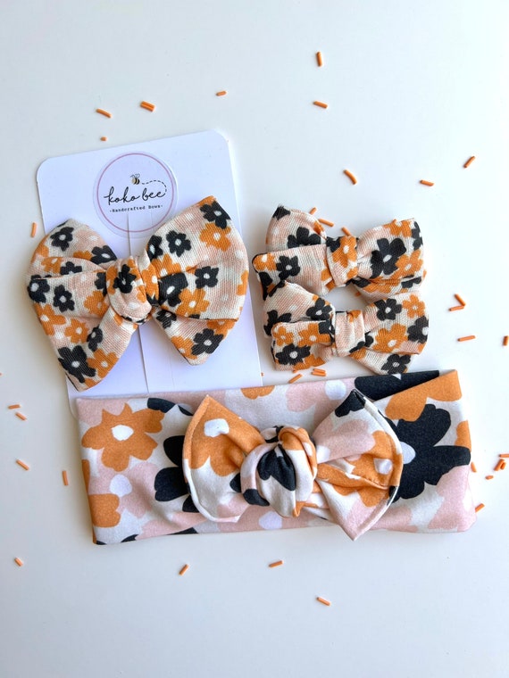 Halloween Flowers Headwraps & Sweet Pea Gauze Big Bows/Small Pigtail Bows/Baby Girl/Toddler Bow Clips/Orange and Black Flowers
