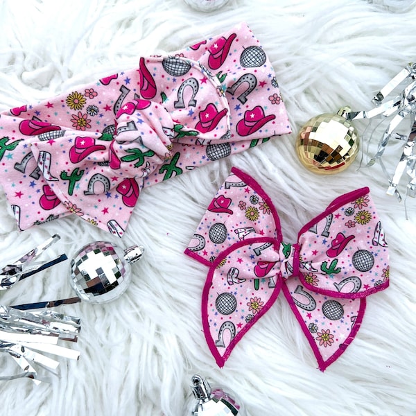 Pink Disco Cowgirl Baby Girl Headwraps & Brynn Style Bow Clips (long tail) Toddler/Flowers/White Cowgirl Boots/Country/Cactus/Disco Ball