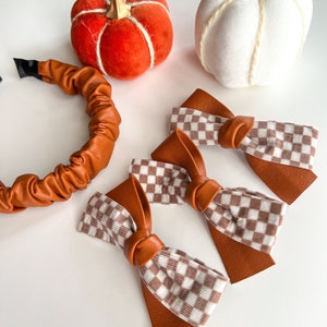 Faux Leather Toffee Headbands & Bows On Clips/Thanksgiving/Fall/Toddler Bow/Womens Scrunchie Headband/Brown/Checkered image 8