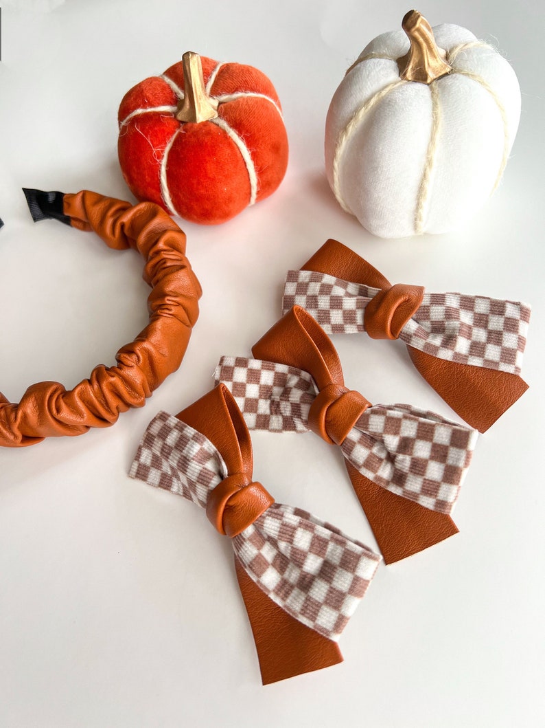 Faux Leather Toffee Headbands & Bows On Clips/Thanksgiving/Fall/Toddler Bow/Womens Scrunchie Headband/Brown/Checkered image 8