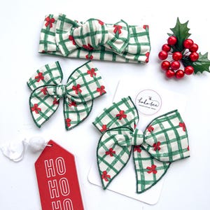 Red Bow Green Gingham Bows/Christmas/Headwrap/Toddler/Baby/Holidays/Ho Ho Ho/Red