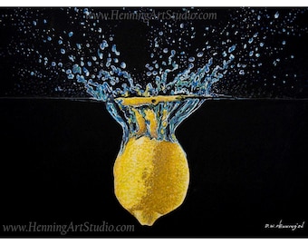 May include: A vibrant yellow lemon submerged in dark liquid, creating a dynamic splash of water droplets against a solid black background. The text www.HenningArtStudio.com appears at the top and bottom, with D.W. Henning '24 in the corner.