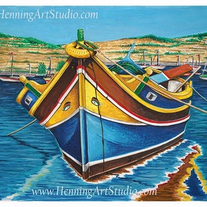 May include: A colourful painting of a traditional Maltese fishing boat, known as a Luzzu, moored in a harbour. The boat is painted in bright yellow, blue, red and green, with a distinctive eye design on the bow. The boat is surrounded by other boats and a small pier.