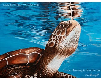 May include: A painting of a sea turtle with a brown shell and patterned head surfacing in bright blue water. The turtle's head reflects on the water's surface. The text www.HenningArtStudio.com appears in the top left and bottom right corners.