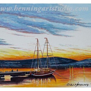 May include: A painting depicting a sailboat moored in a harbour at sunset. The sky is a blend of blue, orange and yellow. The water is reflecting the colours of the sky. The sailboat is red and white. The painting is signed "D.W. Henning '21".
