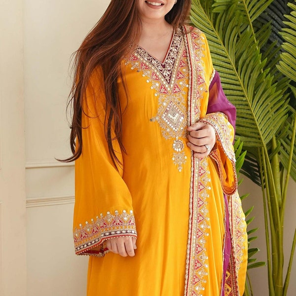 Ethnic Wear For Women Handmade Yellow Anarkali Readymade Embroidered Dress For Wedding, Pakistani Flared Yellow Anarkali Salwar Kameez