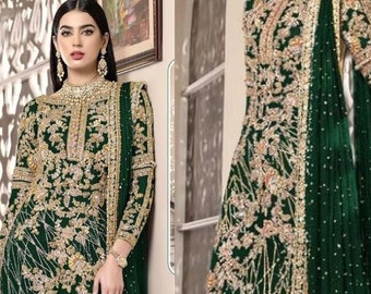 Nieuwe zware werk Salwar Kameez, Net Pakistaanse geborduurde jurk, Anarkali Indiase Shalwar Kameez, gratis verzending, kant-en-klare outfit voor vrouwen VS